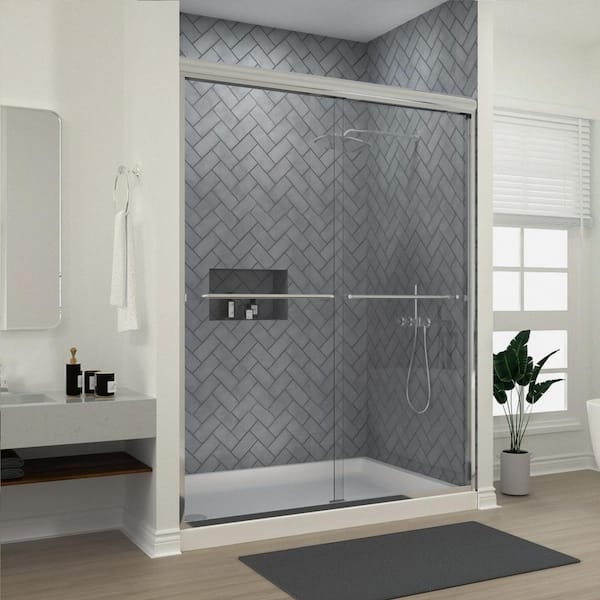 niveal Bliss 60 in. W x 72 in. H Sliding Semi-Frameless Shower Door in Brushed Nickel with Clear Glass