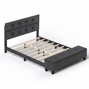 Gray Wooden Frame Full Upholstered Platform Bed Frame with Ottoman Storage Linen Button Tufted Headboard