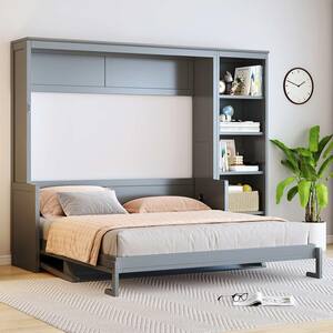 Qualler Gray Wood Frame Queen Size Murphy Bed with Shelves FSUMLK697E ...