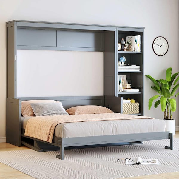 Gray Wood Frame Queen Size Murphy Bed with Desk and Bookshelf