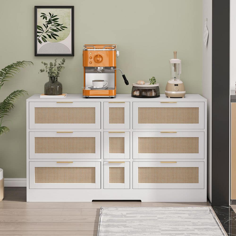 White and Light Wood Rattan Accent Cabinet with 9 Drawers