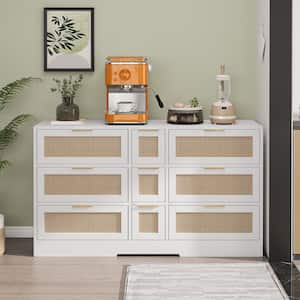 51.2 in. White Rattan Storage Cabinet Locker With 9 Drawers, Metal Handles For Kitchen, Living Room, Bedroom