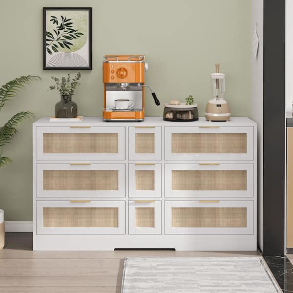 51.2 in. White Rattan Storage Cabinet Locker With 9 Drawers, Metal Handles For Kitchen, Living Room, Bedroom