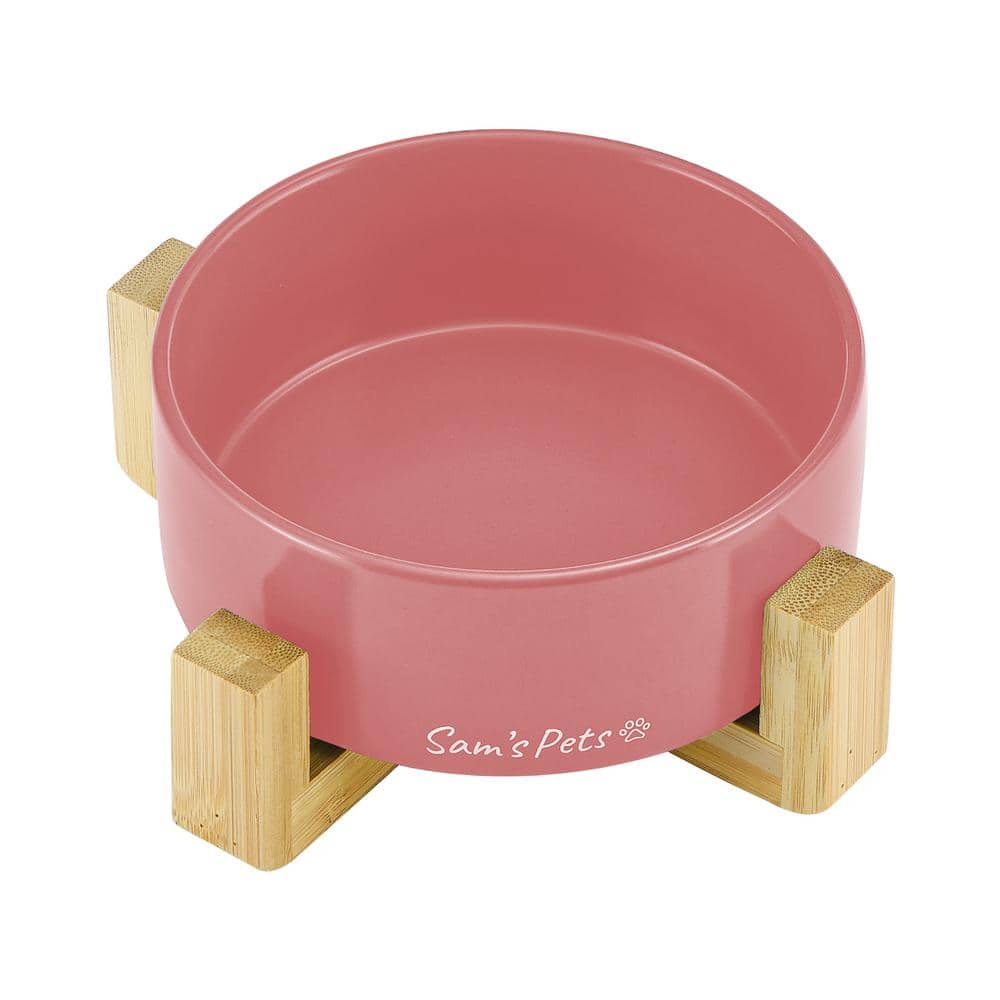 Pink Ceramic Dog Bowl with Wooden Stand