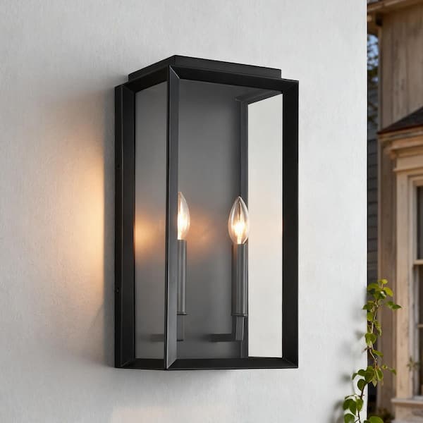 19 in. 2-Light Matte Black Dusk to Dawn Outdoor Wall Sconce with Clear Glass
