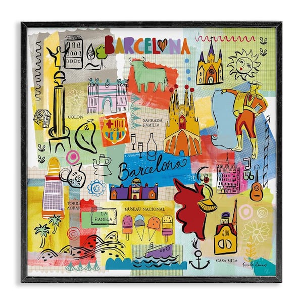 Stupell Industries Barcelona Landmarks Spain Traditions by Veronique Charron Black Framed Travel Giclee Art Print 12 in. x 12 in.