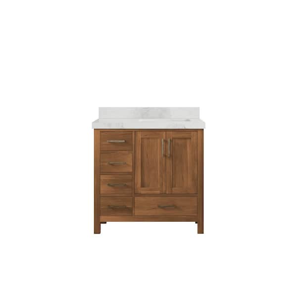 Willow Collections Malibu Teak 36 in. W x 22 in. D x 36 in. H Right Offset Sink Bath Vanity in Gold Teak with 2" Calacatta Nuvo Top