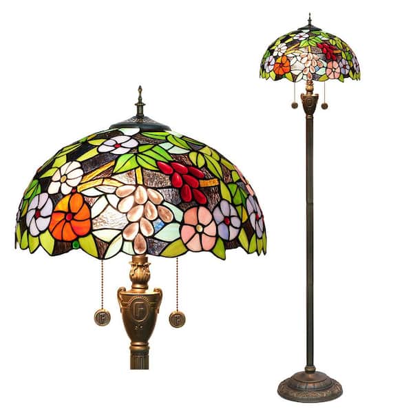 64 in. Tiffany Style Bronze Finish 2-Light Standard Floor Lamp with Multi-Colored Grape Floral Stained Glass Lamp Shade