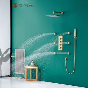 Luxury LED Thermostatic 3-Spray Patterns 12 in. Wall Mount Rain Dual Shower Heads with 6-Jet in Brush Gold