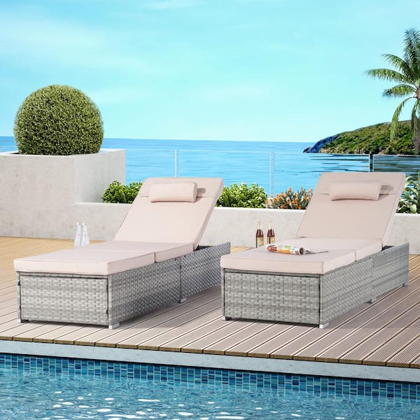Zeus & Ruta Gray Wicker Outdoor Chaise Lounge with Khaki Cushions and Adjustable Backrest for Poolside Backyard Garden (Set of 2)