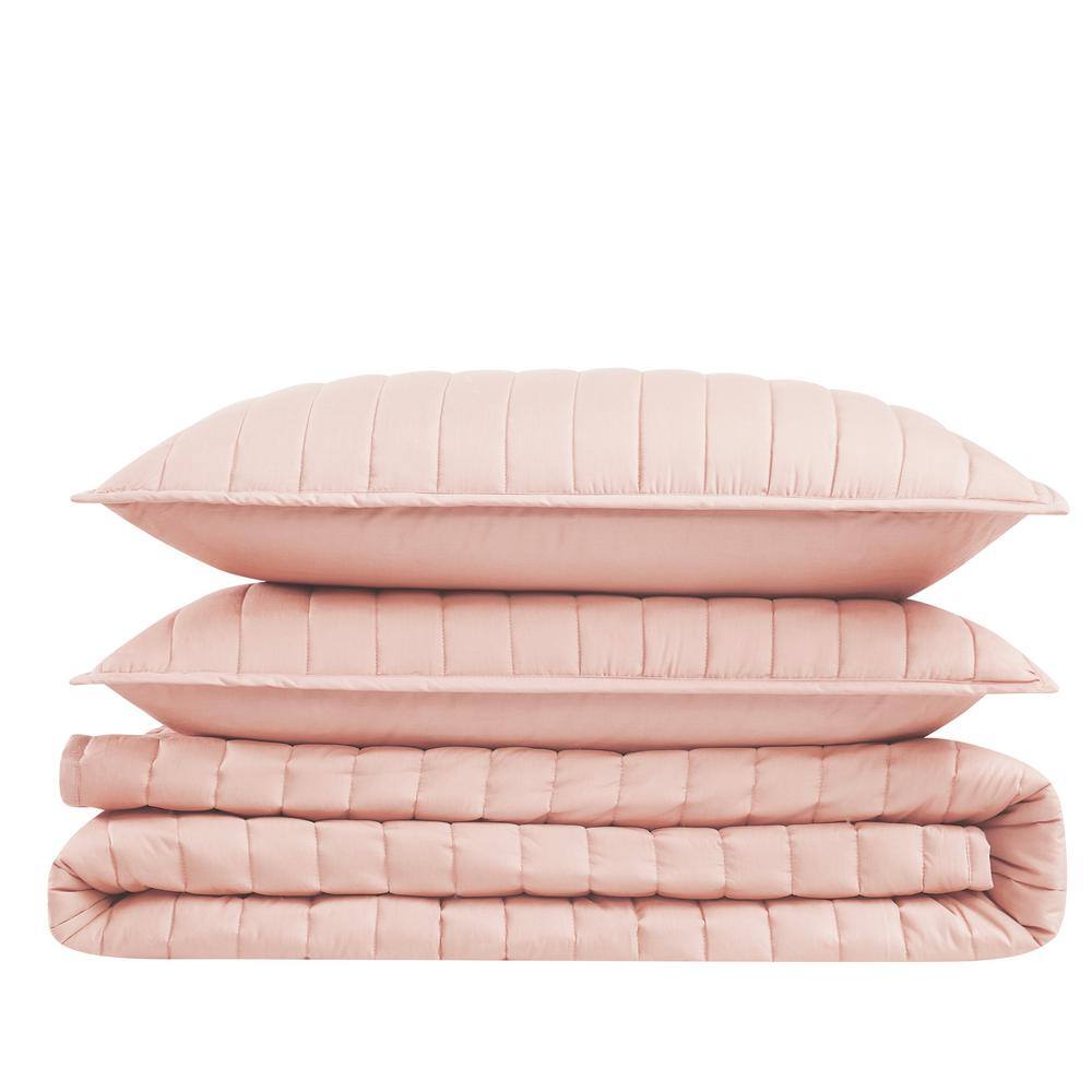 Blush Cotton Full/Queen Quilt Set with Vertical Channel Stitch