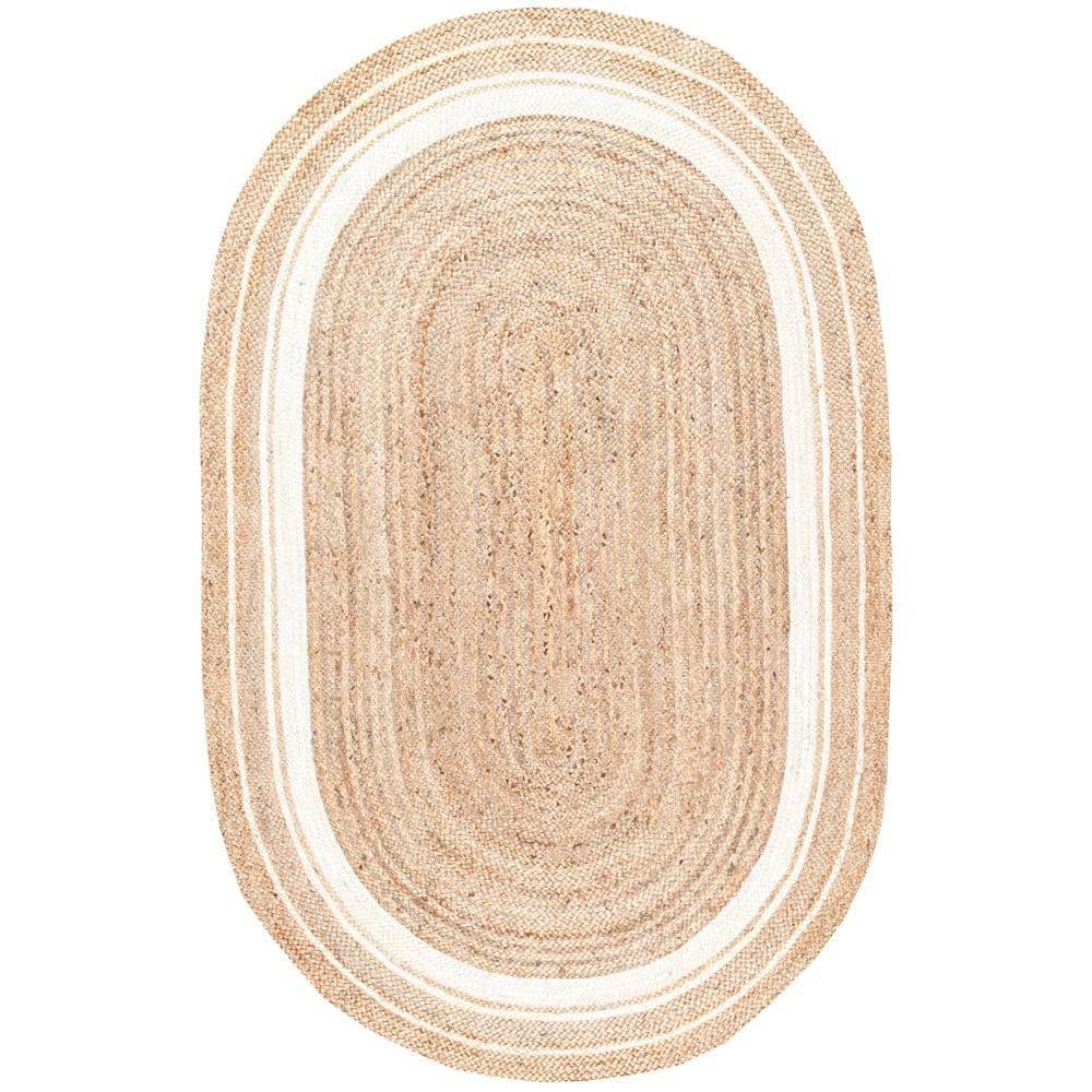 Off-White Oval Braided Jute Area Rug, 3' x 5'