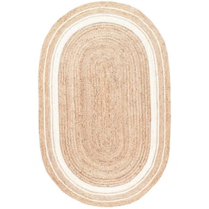 Rikki Braided Border Jute Off-White 4 ft. x 6 ft. Farmhouse Oval Rug