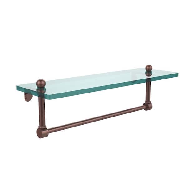 Allied Brass 16 in. L x 5 in. H x 5 in. W Clear Glass Vanity Bathroom Shelf with Integrated Towel Bar in Antique Copper