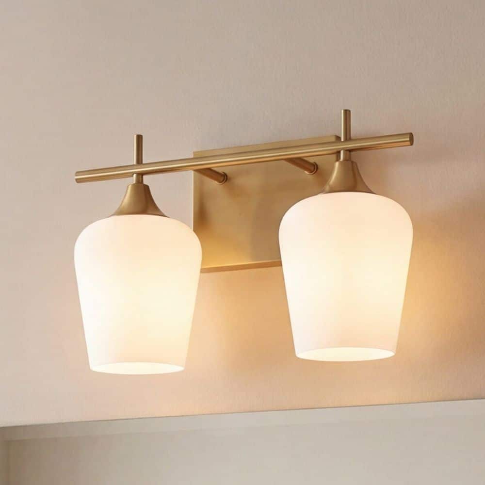 Octave 13.75 in. W x 9.5 in. H 2-Light Warm Brass Bathroom Vanity Light with White Opal Glass Shades price history on PriceWatchPro