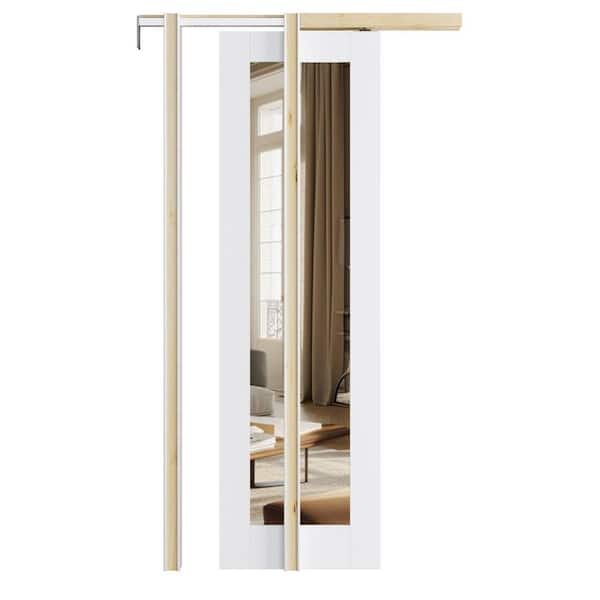 ARK DESIGN 24 in. x 80 in. 1-Lite White Mirrored Glass Primed MDF Wood Pocket Sliding Door with Pocket Door Frame and Hardware Kit