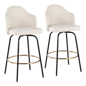 Ahoy 37 in. Cream Fabric & Black Metal Counter Height Bar Stool with Round Gold Footrest (Set of 2)