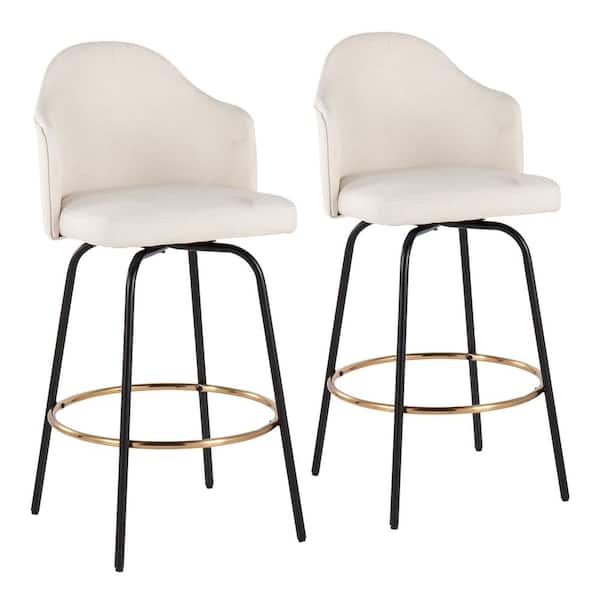 Lumisource Ahoy 37 in. Cream Fabric & Black Metal Counter Height Bar Stool with Round Gold Footrest (Set of 2)