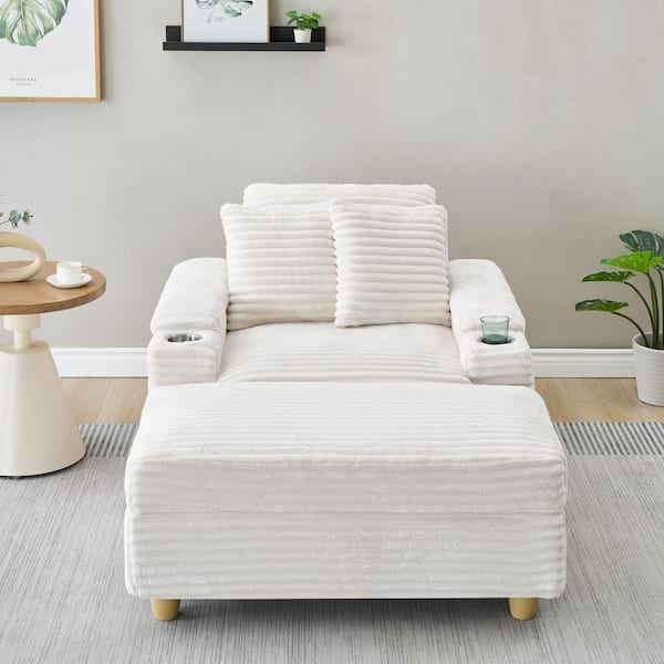 Luxury Collection White Corduroy Fabric Single Sofa Arm Chair with Cup Holder and Storage, Set of 1