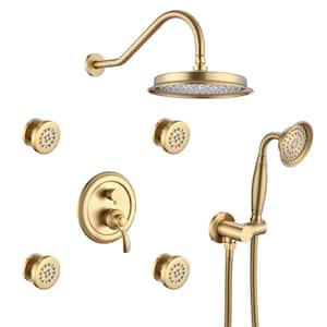 Single-Handle Wall Mount 2-Spray Shower Faucet with 9 in. Round Shower 2.5 GPM with Drip Free in Brushed Gold
