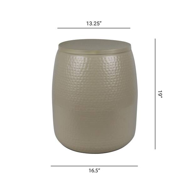 Merida 19 in. Modern Rustic Hammered Metal Drum Storage Side Table with Lid, Almond