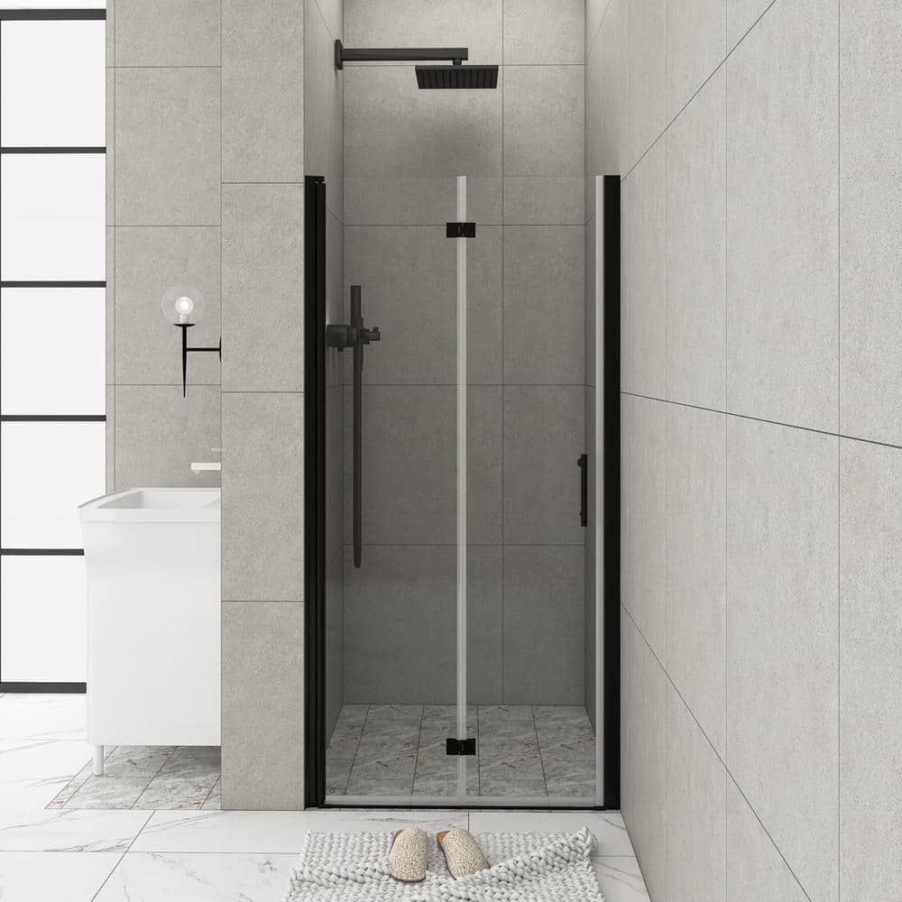 35 in. W x 72 in. H Bi Fold Semi Frameless Shower Door in Matte Black with 