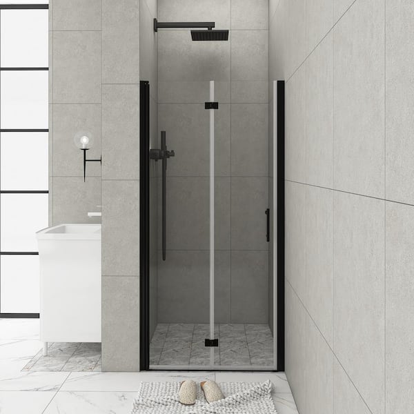 Unbranded 35 in. W x 72 in. H Bi Fold Semi Frameless Shower Door in Matte Black with Clear Tempered Glass