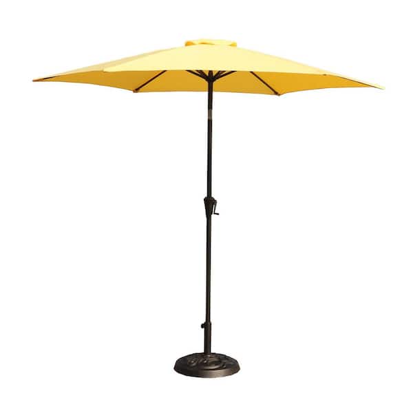 Afoxsos 8.8 ft. Outdoor Aluminum Patio Umbrella, Push Button Tilt and Crank Lift in Yellow with Round Resin Umbrella Base