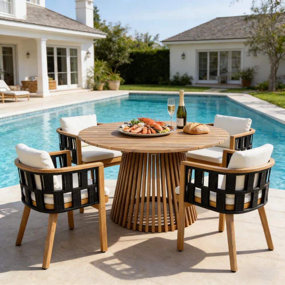 Kimberly 5-Piece Teak Finish Solid Wood Round Patio Outdoor Dining Set with Cream Cushions