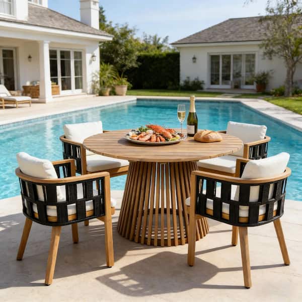 Kimberly 5-Piece Teak Finish Solid Wood Round Patio Outdoor Dining Set with Cream Cushions
