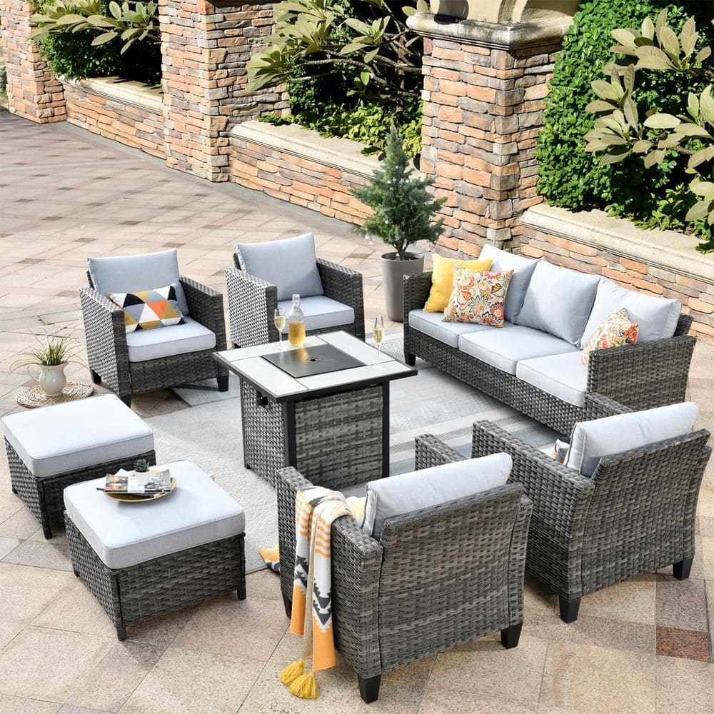 OVIOS Positano Gray 8-Piece Wicker Patio Fire Pit Conversation Set with Gray Cushions -  PGR707FP