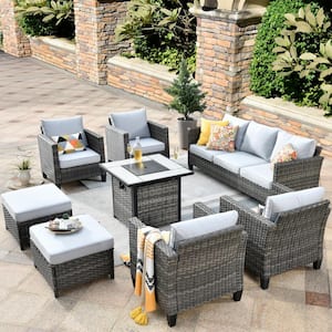 Positano Gray 8-Piece Wicker Patio Fire Pit Conversation Set with Gray Cushions