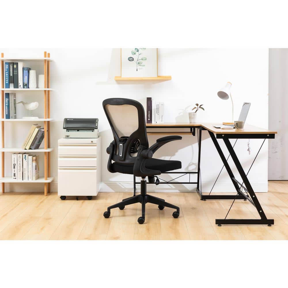 Newton Beige Mesh Adjustable Swivel Office Chair with Flip-Up Arms