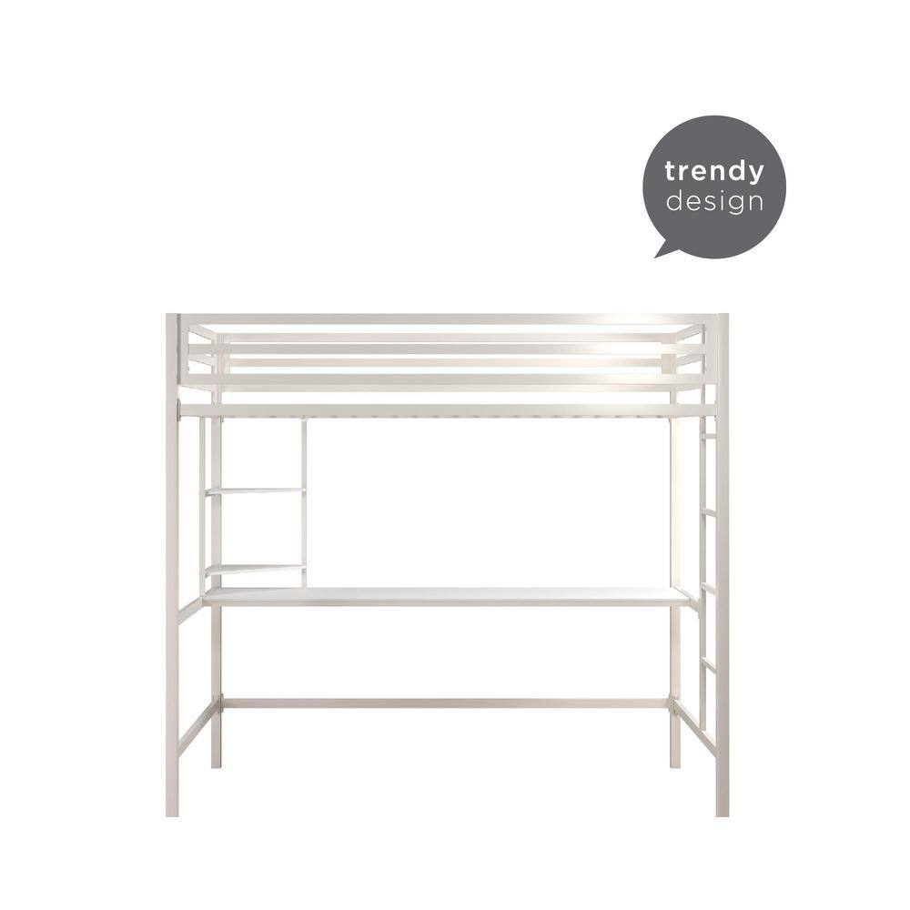 Off-White Twin Metal Loft Bed with Desk and Shelves
