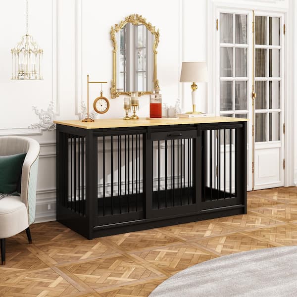 Large Wooden Dog House with Sliding door, Indoor Pet Dog Crate Cage for Large Medium Small Dogs, Black