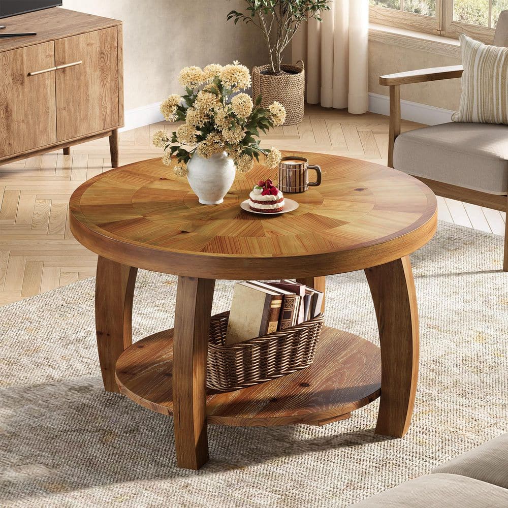 Allan 31.5 in. Brown Round Solid Wood Coffee Table, 2-Tier Center Table with Storage for Living Room