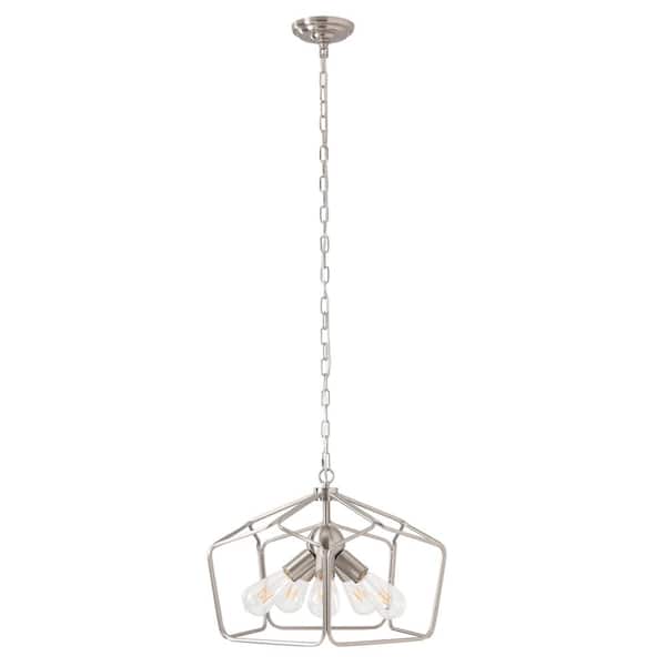 KAISITE 5-Light Brushed Nickel Lantern Pendant Light Farmhouse Square Cage Hanging Light Fixtures with Adjustable Chain