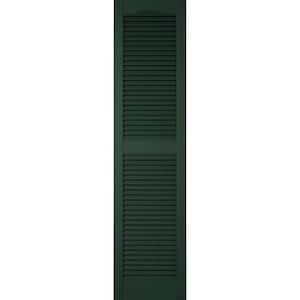 12 in. x 37 in. Lifetime Vinyl TailorMade Cathedral Top Center Mullion Open Louvered Shutters Pair Midnight Green