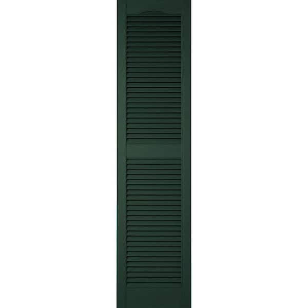Ekena Millwork 12 in. x 48 in. Lifetime Vinyl Custom Cathedral Top Center Mullion Open Louvered Shutters Pair Midnight Green