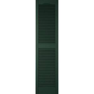 12 in. x 68 in. Lifetime Vinyl Custom Cathedral Top Center Mullion Open Louvered Shutters Pair Midnight Green