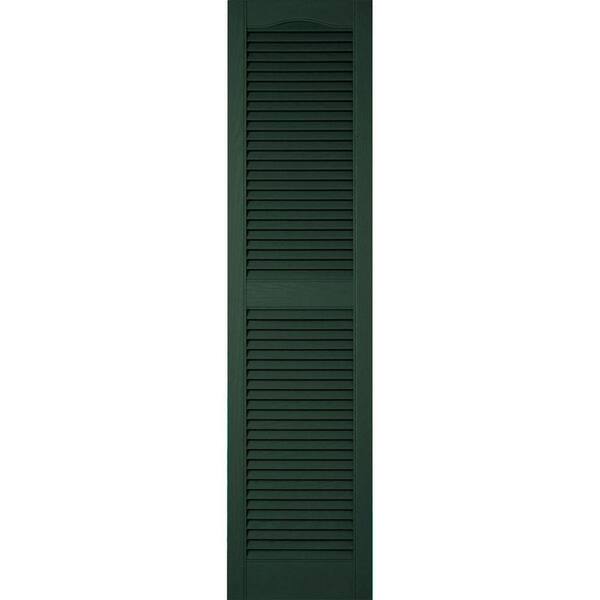 Ekena Millwork 14-1/2 in. x 72 in. Lifetime Vinyl Custom Cathedral Top Center Mullion Open Louvered Shutters Pair Midnight Green