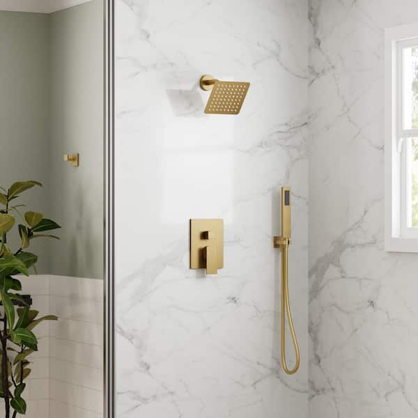 6 in. 2-Spray Square High Pressure Wall Bar Shower Kit with Hand Shower 2.5 GPM in Brushed Gold (Valve Included)