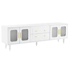 White Retro Design TV Stand with Fluted Glass Doors Fits TV's up to 78 in. with 2-Drawers and Cabinets