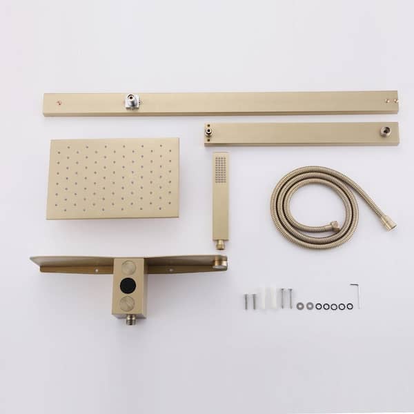 1-spray 11 in. Temperature Display Dual Shower Head and Handheld Shower Head Exposed Pipe Shower System in Brushed Gold