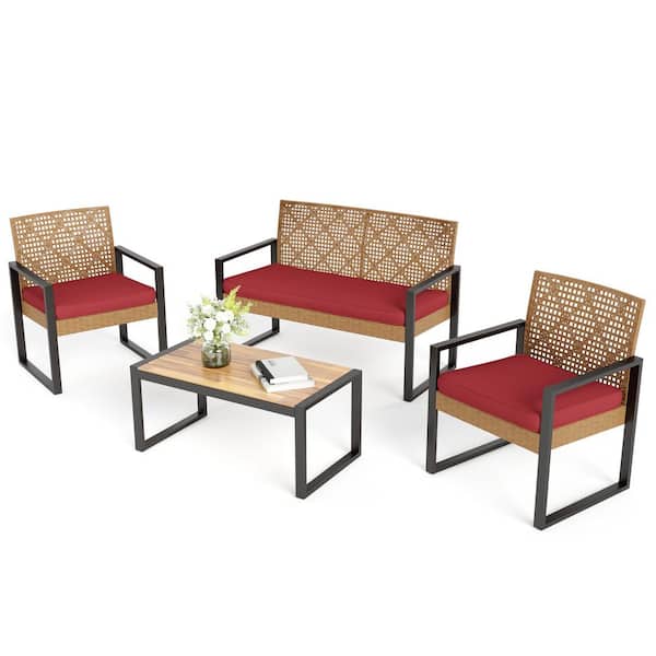 PHI VILLA Yellow 4-Piece Outdoor Wicker Patio Conversation Set with Red Cushions and Acacia Wood Coffee Table