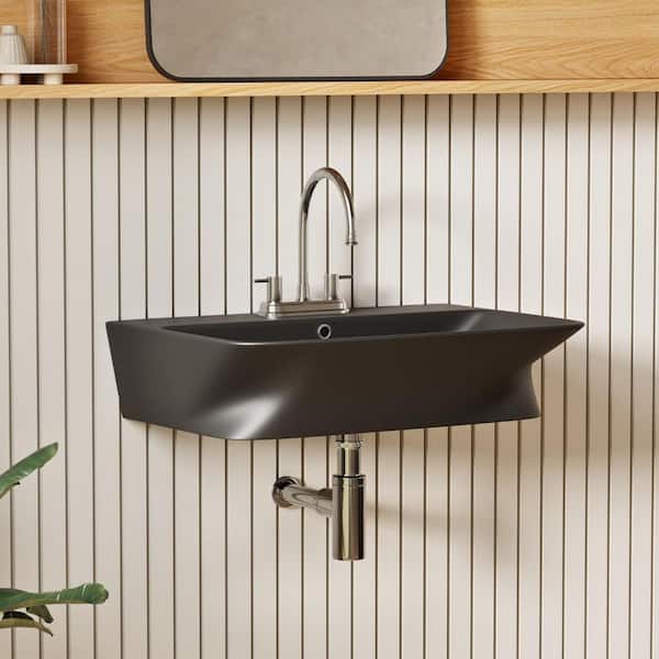 24 in. L x 17 in. W x 6 in. H Matte Black Wall Mount Bathroom Sink with 4 in. Centerset 3 Faucet Holes and Overflow