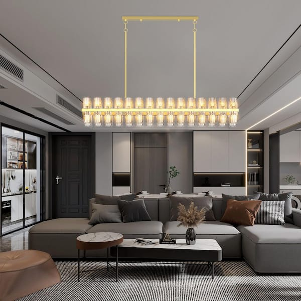 60-light Gold Crystal Brass Rectangle Chandelier with Adjustable Height, G4 Bulbs Included