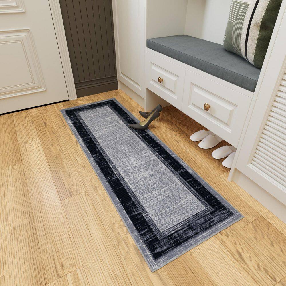 Gray and Black Non-Slip Synthetic Hallway Runner Rug