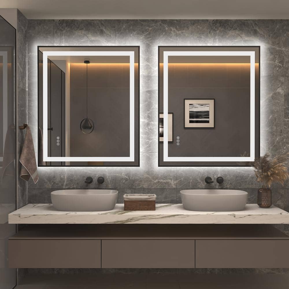 Matte Black LED Lighted Anti-Fog Tempered Glass Vanity Mirror 36" x 30"