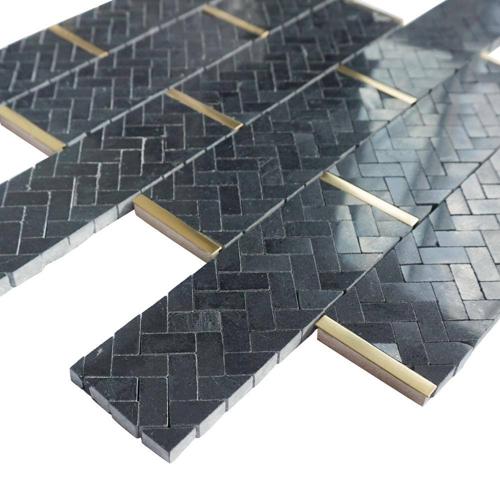 Black and Gold Polished Marble Brick Joint Mosaic Tile